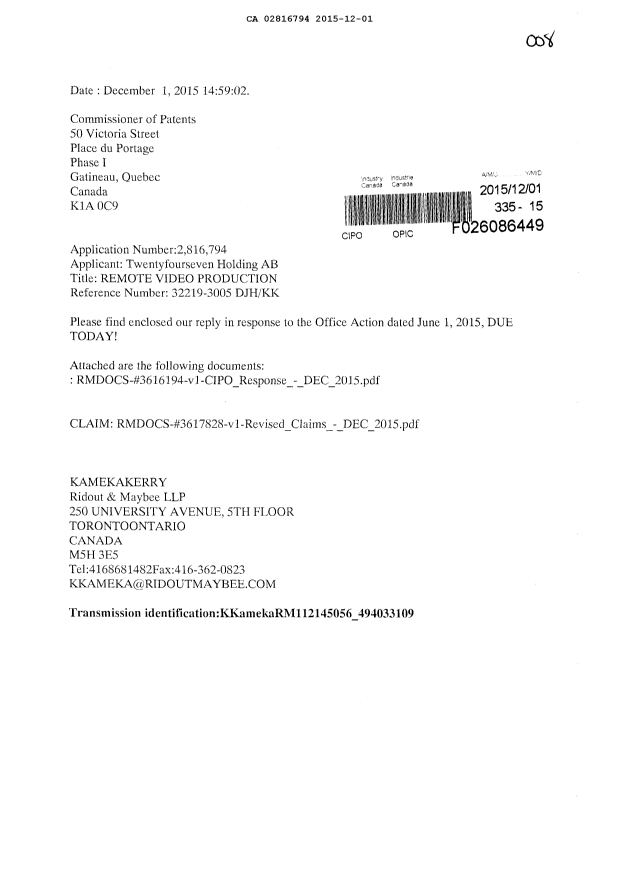 Document de brevet canadien 2816794. Poursuite-Amendment 20141201. Image 1 de 11