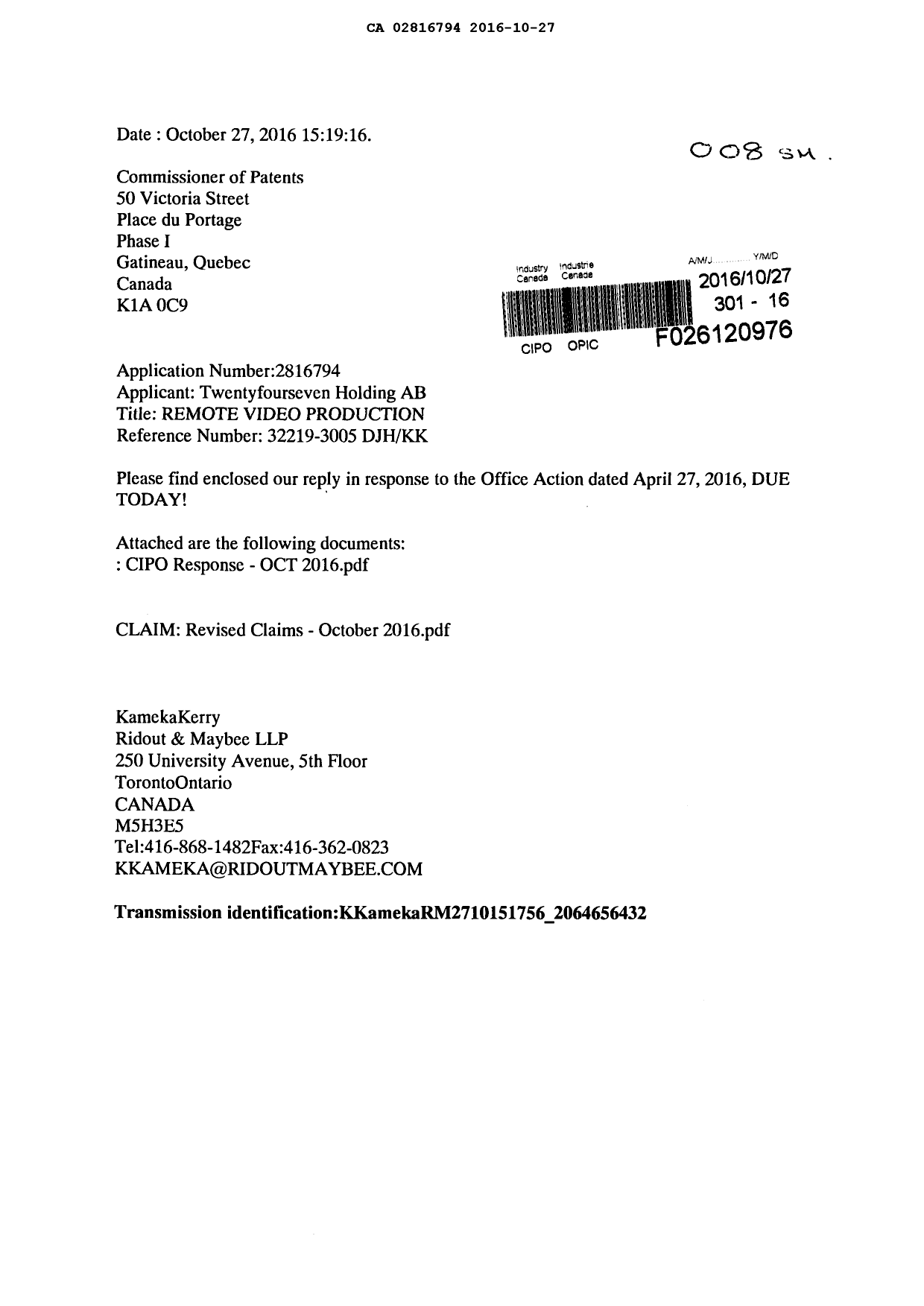 Document de brevet canadien 2816794. Poursuite-Amendment 20151227. Image 1 de 10
