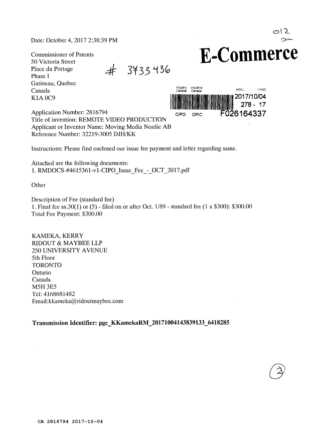 Document de brevet canadien 2816794. Correspondance 20161204. Image 1 de 2