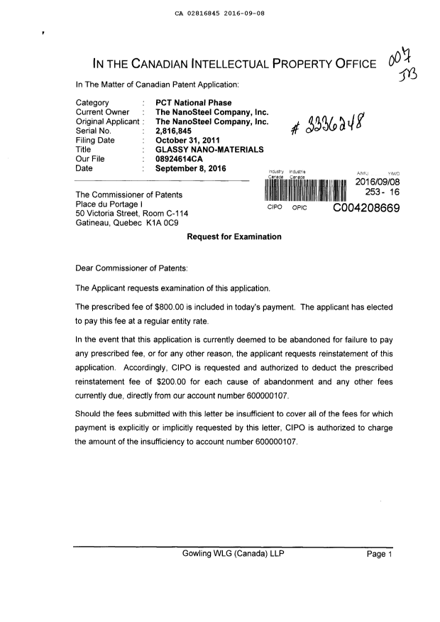 Document de brevet canadien 2816845. Poursuite-Amendment 20151208. Image 1 de 2