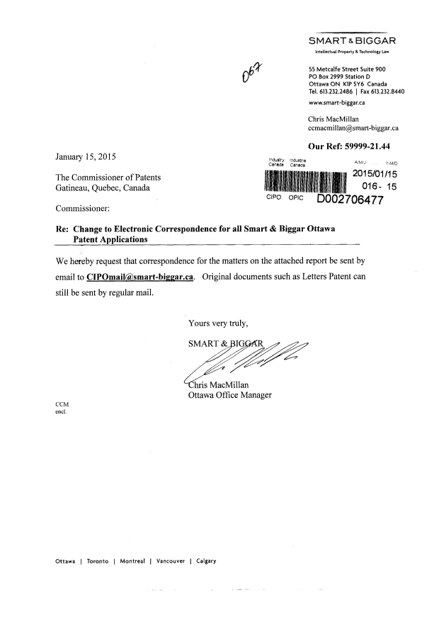 Document de brevet canadien 2817085. Correspondance 20141215. Image 1 de 2
