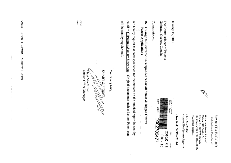 Document de brevet canadien 2817085. Correspondance 20141215. Image 1 de 2
