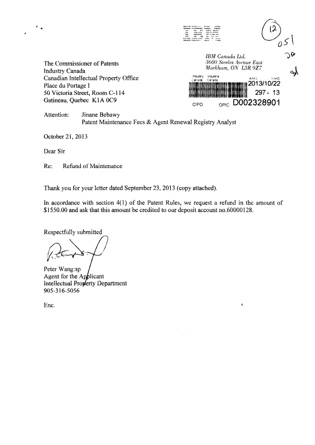 Document de brevet canadien 2817119. Correspondance 20131022. Image 1 de 2