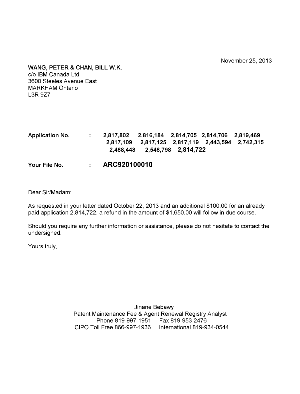 Document de brevet canadien 2817119. Correspondance 20131125. Image 1 de 1