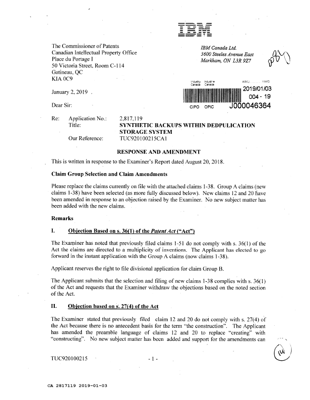 Document de brevet canadien 2817119. Changement de nomination d'agent 20190103. Image 1 de 3