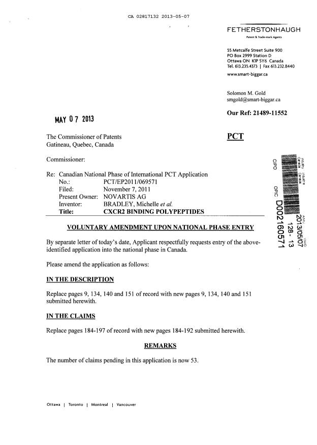 Document de brevet canadien 2817132. Poursuite-Amendment 20130507. Image 1 de 17