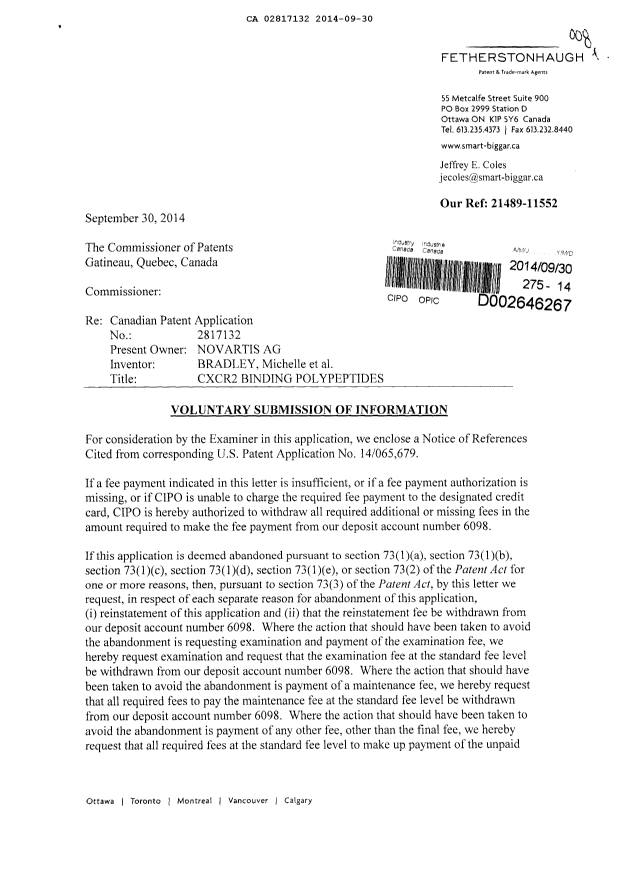 Document de brevet canadien 2817132. Poursuite-Amendment 20140930. Image 1 de 2