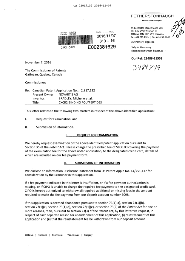 Document de brevet canadien 2817132. Modification 20161107. Image 1 de 6