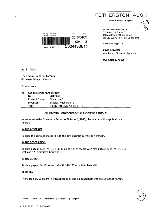 Document de brevet canadien 2817132. Modification 20180403. Image 1 de 23