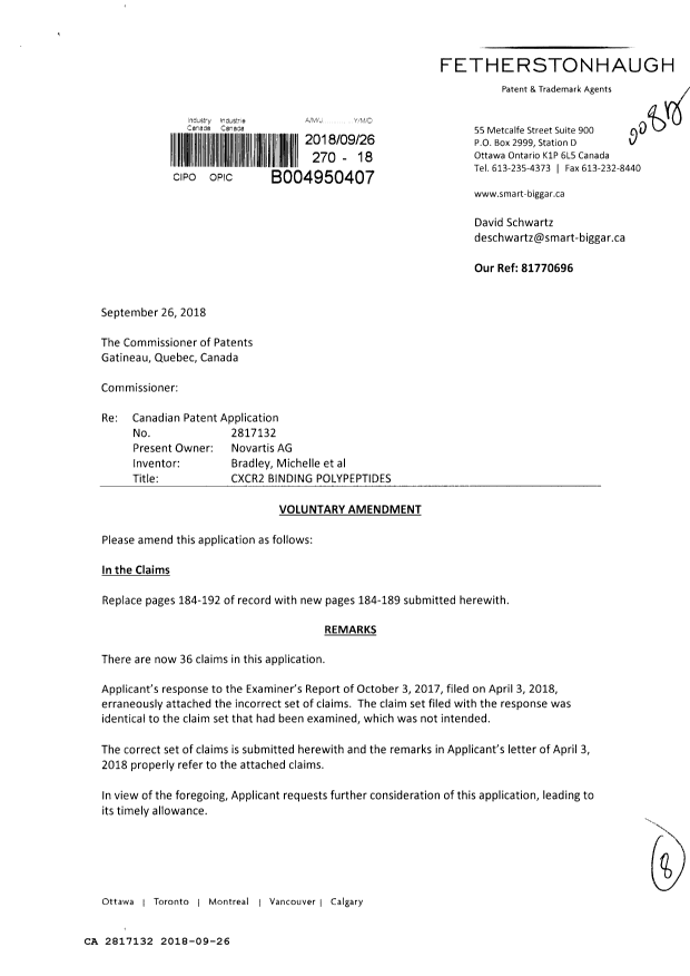 Document de brevet canadien 2817132. Modification 20180926. Image 1 de 8