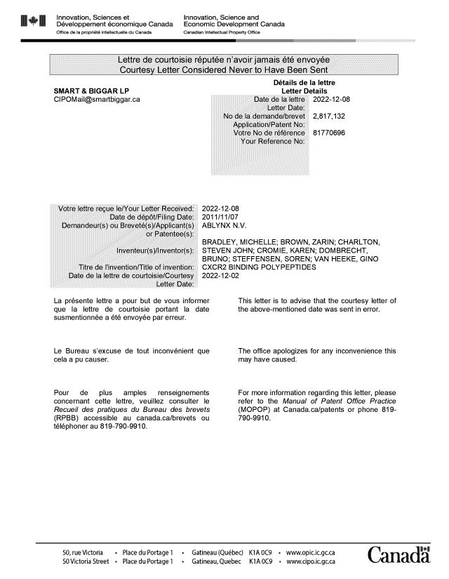 Document de brevet canadien 2817132. Lettre du bureau 20221208. Image 1 de 1