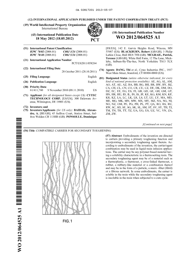 Document de brevet canadien 2817201. Abrégé 20121207. Image 1 de 2