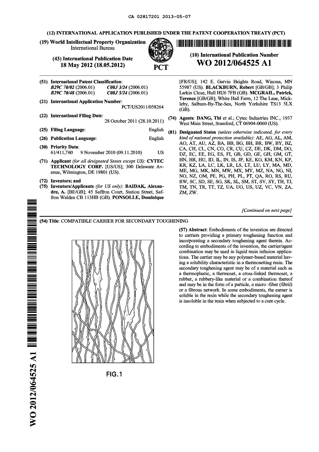 Document de brevet canadien 2817201. Abrégé 20121207. Image 1 de 2