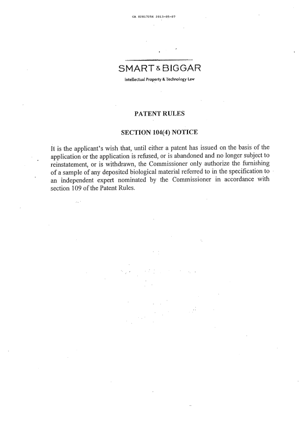 Document de brevet canadien 2817256. Poursuite-Amendment 20121207. Image 1 de 1
