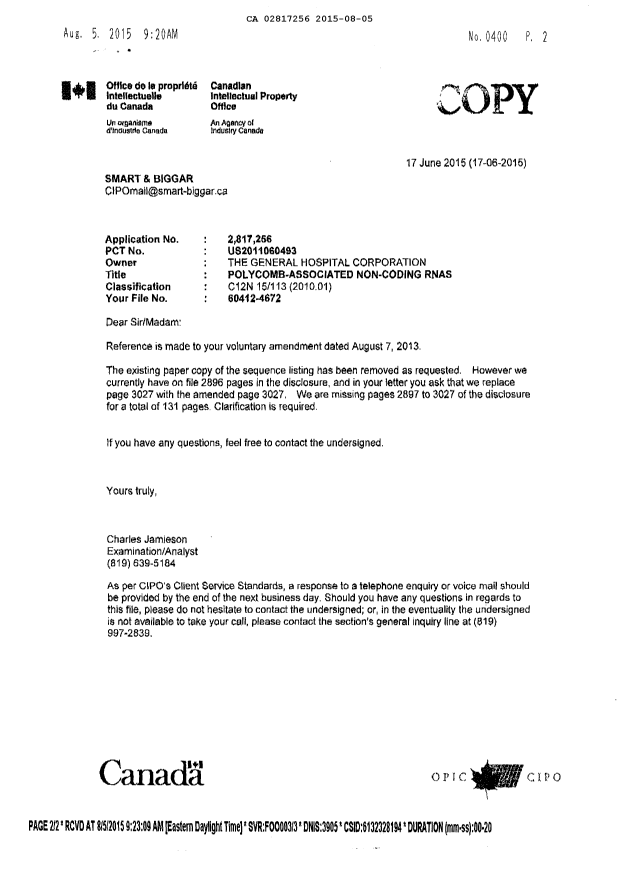 Document de brevet canadien 2817256. Correspondance 20141217. Image 1 de 1