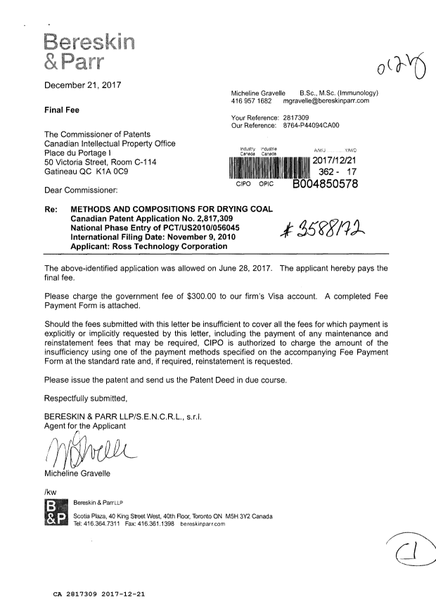 Document de brevet canadien 2817309. Correspondance 20161221. Image 1 de 1