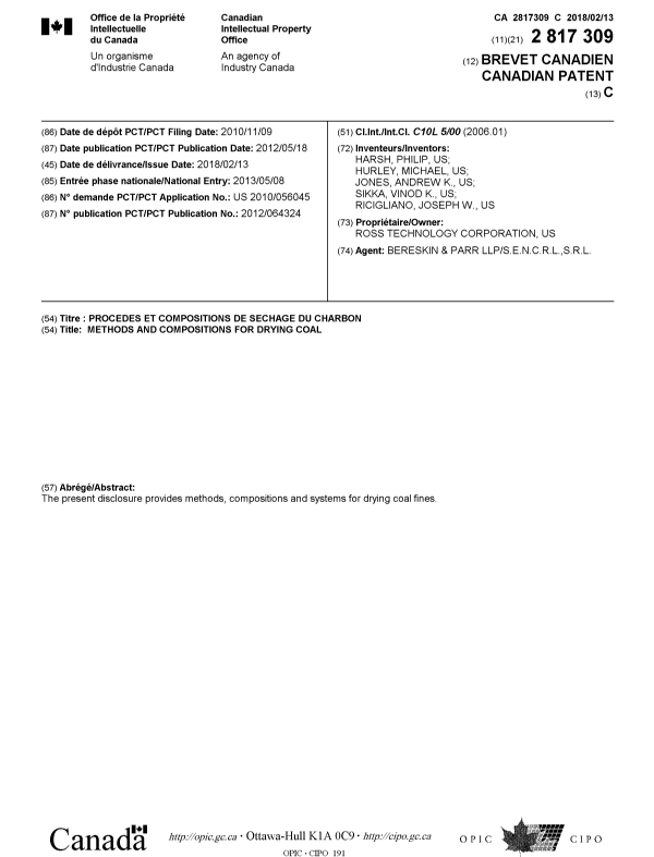 Document de brevet canadien 2817309. Page couverture 20171219. Image 1 de 1