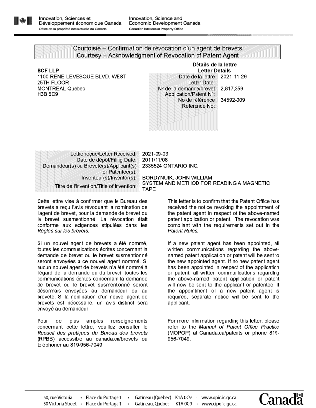Document de brevet canadien 2817359. Lettre du bureau 20211129. Image 1 de 1