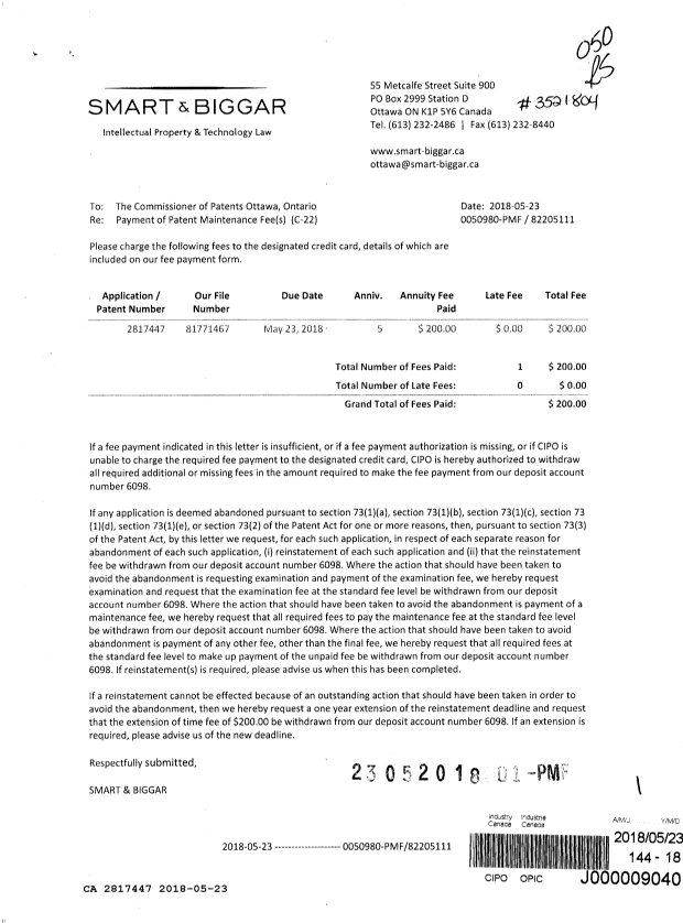 Canadian Patent Document 2817447. Maintenance Fee Payment 20180523. Image 1 of 1