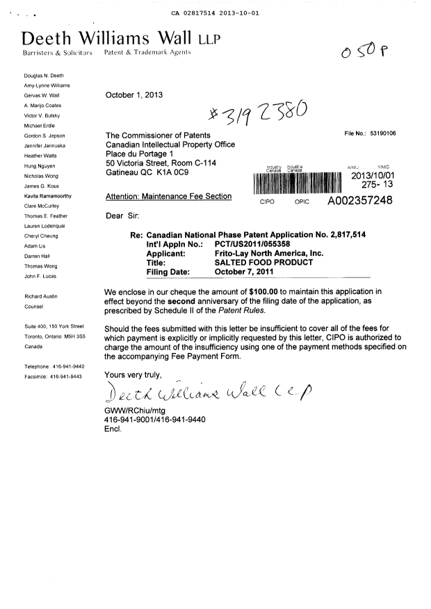 Document de brevet canadien 2817514. Taxes 20121201. Image 1 de 1