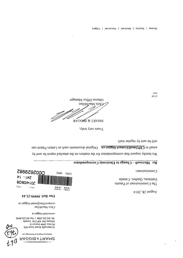 Document de brevet canadien 2817623. Correspondance 20131228. Image 1 de 2