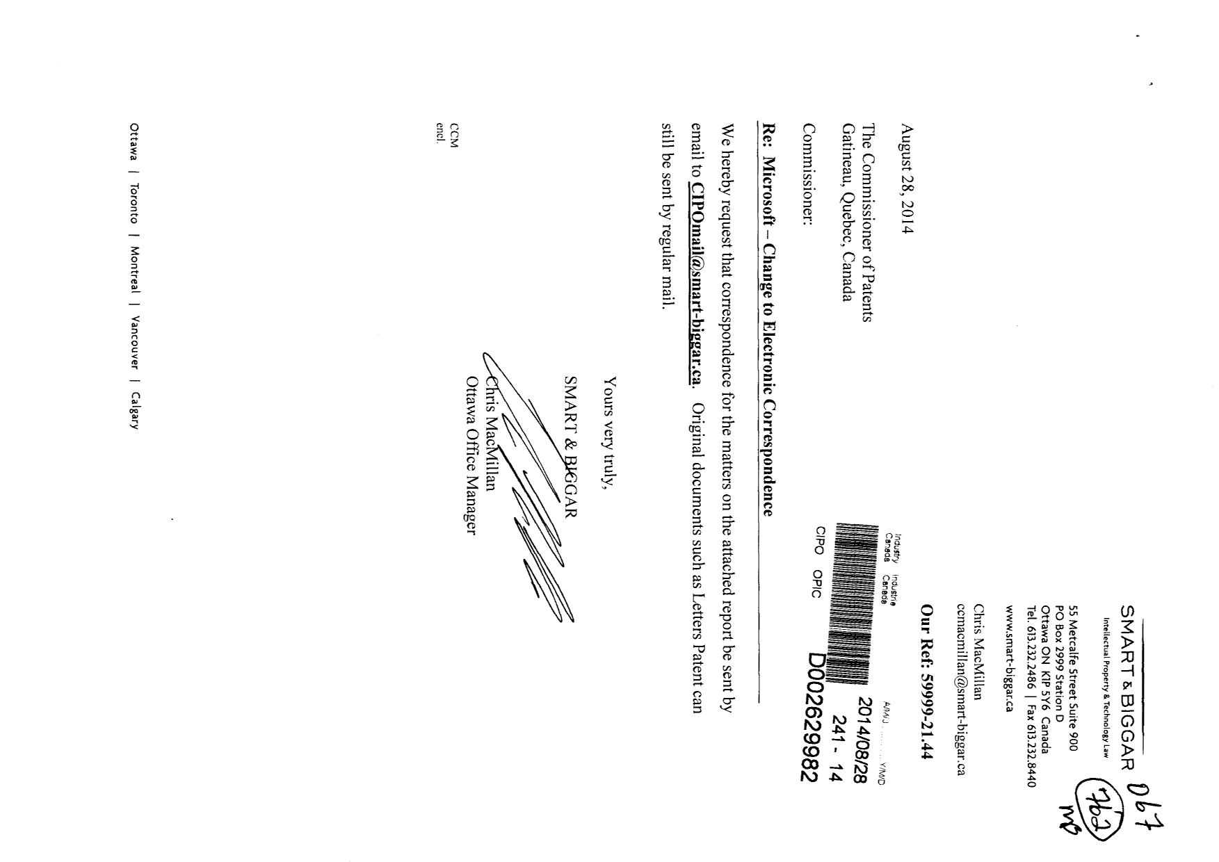 Document de brevet canadien 2817623. Correspondance 20131228. Image 1 de 2