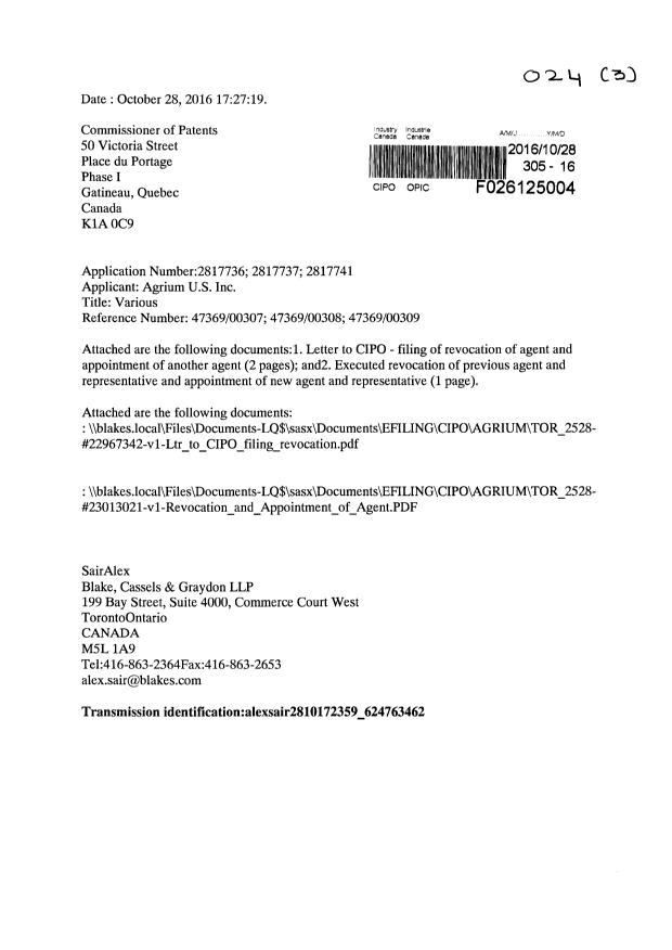 Document de brevet canadien 2817737. Correspondance 20151228. Image 1 de 4