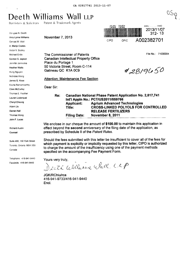 Document de brevet canadien 2817741. Taxes 20121207. Image 1 de 1