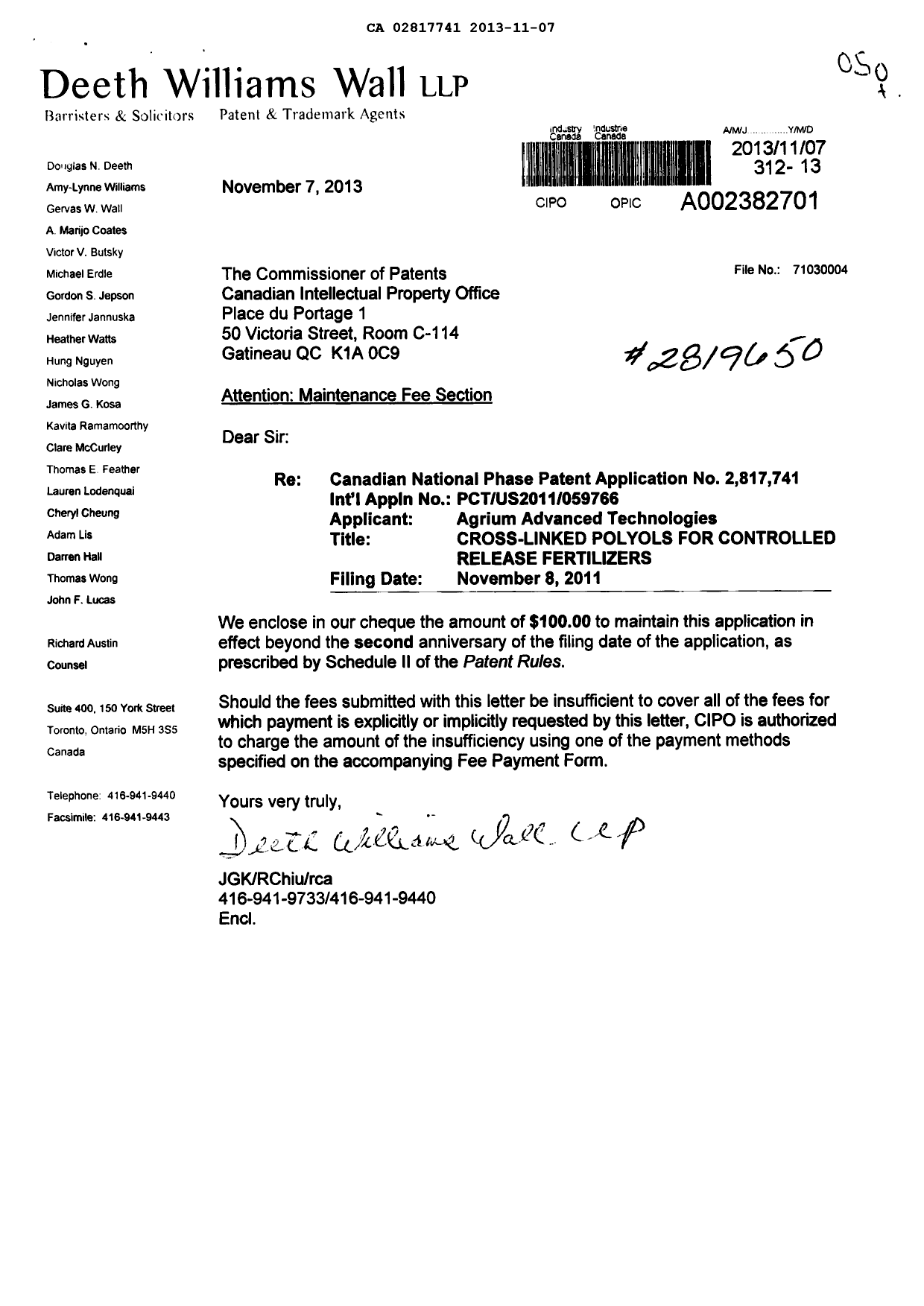Document de brevet canadien 2817741. Taxes 20121207. Image 1 de 1