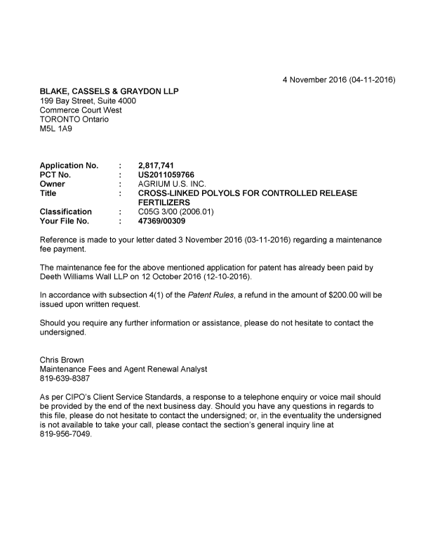 Document de brevet canadien 2817741. Correspondance 20151204. Image 1 de 1