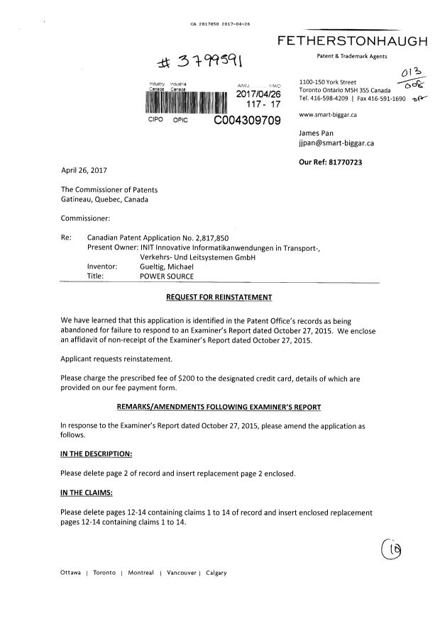 Document de brevet canadien 2817850. Modification 20170426. Image 1 de 10