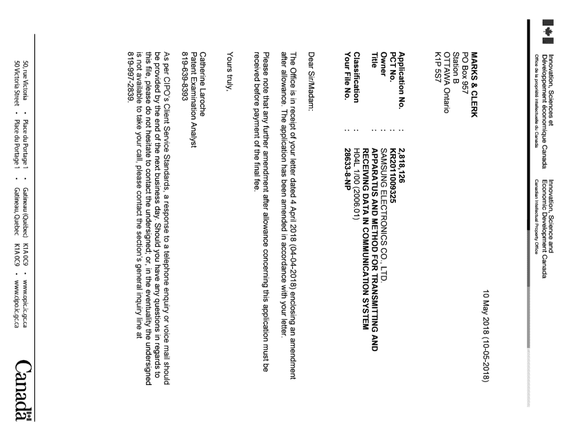 Document de brevet canadien 2818126. Accusé d'autorisation des modifications 20180510. Image 1 de 1