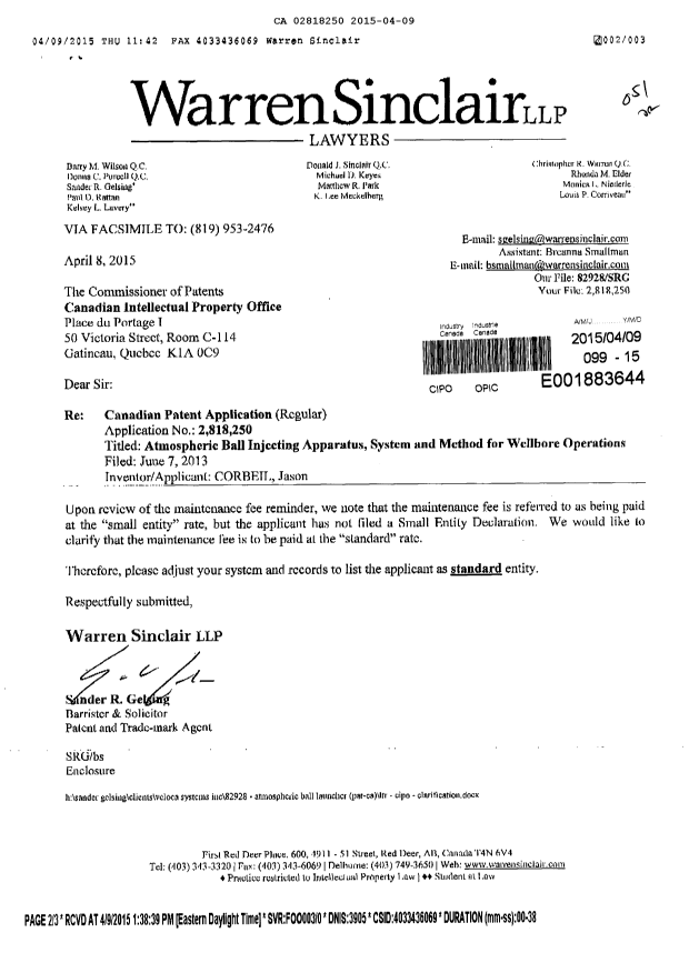 Document de brevet canadien 2818250. Correspondance 20150409. Image 1 de 3