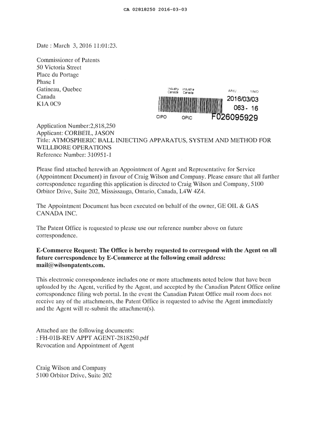Document de brevet canadien 2818250. Correspondance 20151203. Image 1 de 3