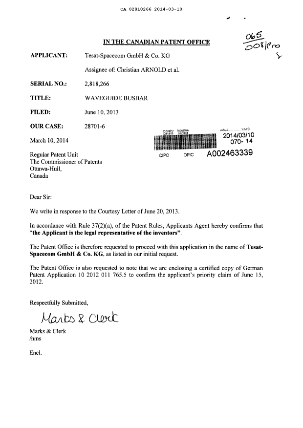Document de brevet canadien 2818266. Correspondance 20131210. Image 1 de 1