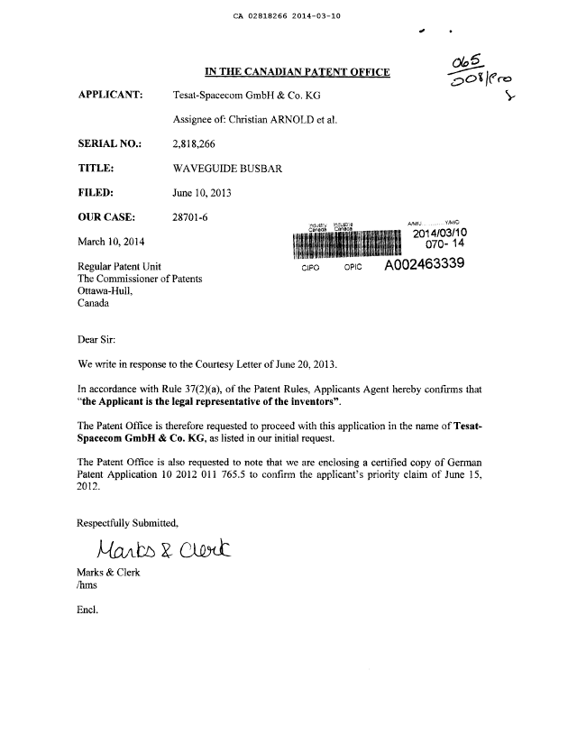 Canadian Patent Document 2818266. Prosecution Correspondence 20140310. Image 1 of 1