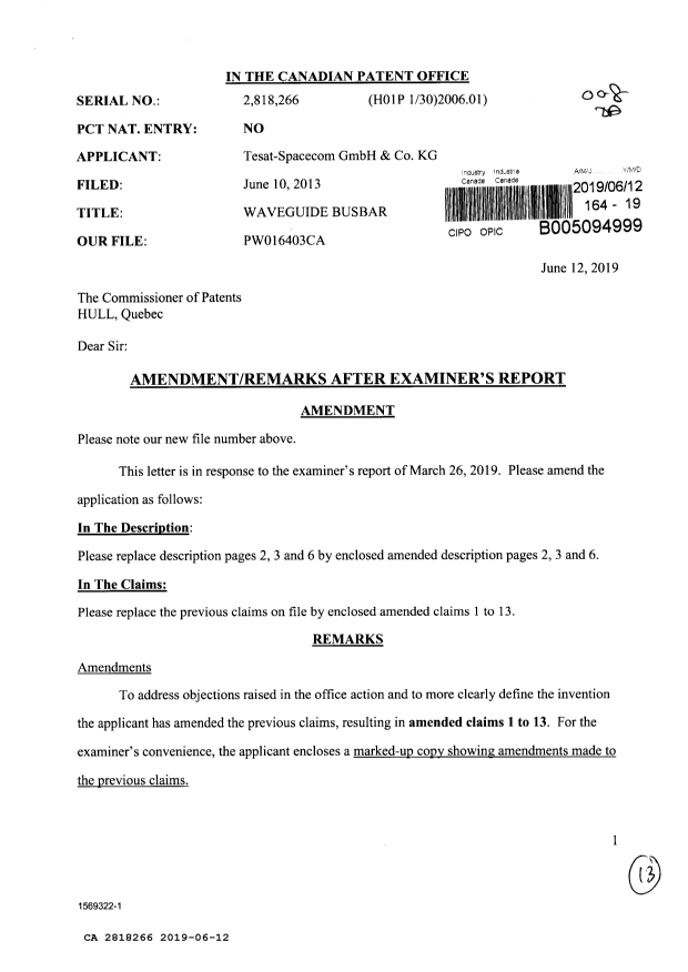 Canadian Patent Document 2818266. Amendment 20190612. Image 1 of 13