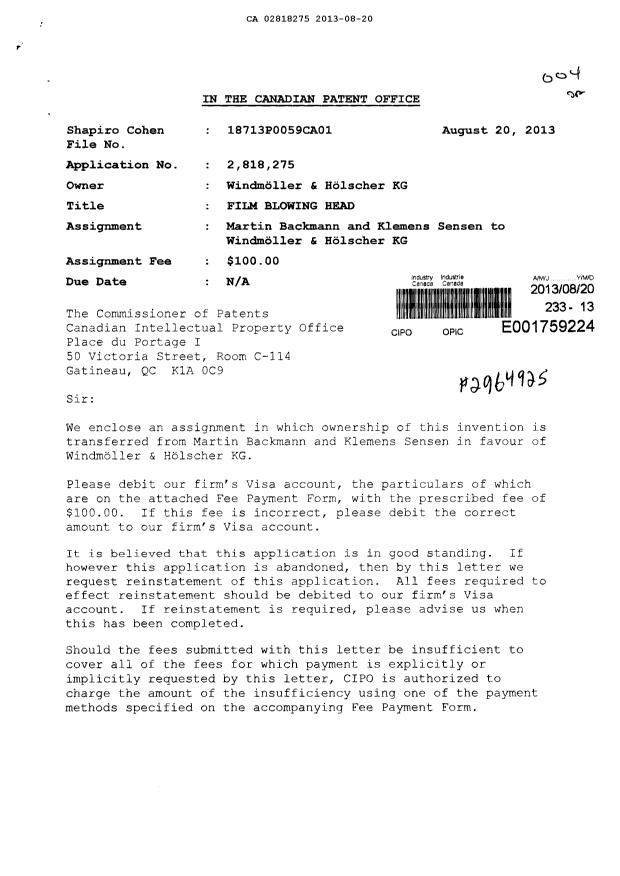 Document de brevet canadien 2818275. Cession 20130820. Image 1 de 4