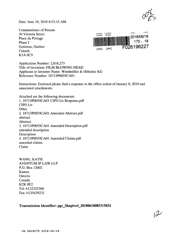 Document de brevet canadien 2818275. Modification 20180618. Image 1 de 12