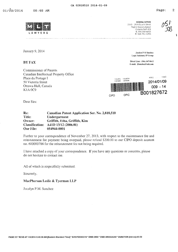 Document de brevet canadien 2818510. Correspondance 20131209. Image 1 de 3