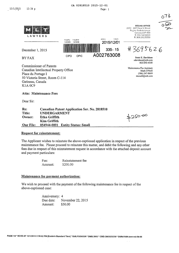 Document de brevet canadien 2818510. Taxes 20141201. Image 1 de 3