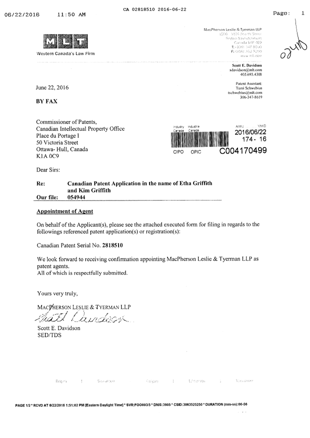 Document de brevet canadien 2818510. Correspondance 20151222. Image 1 de 2