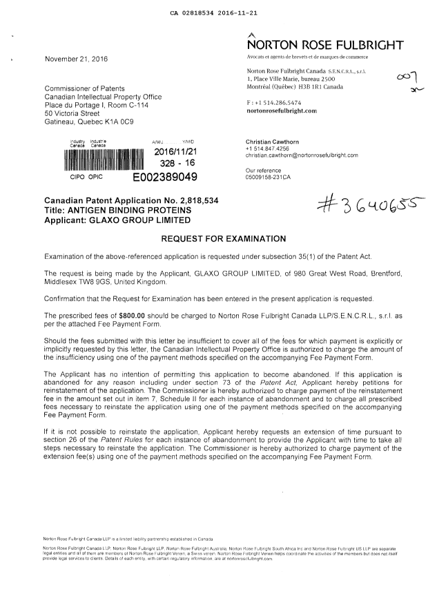 Document de brevet canadien 2818534. Poursuite-Amendment 20151221. Image 1 de 2