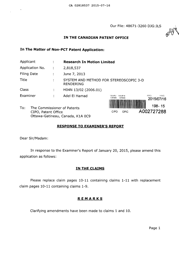 Document de brevet canadien 2818537. Poursuite-Amendment 20141216. Image 1 de 6