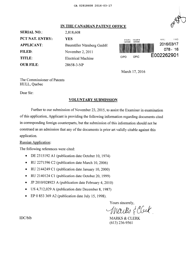 Document de brevet canadien 2818608. Poursuite-Amendment 20151217. Image 1 de 1