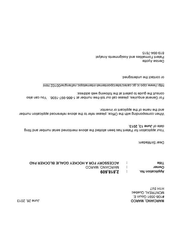 Canadian Patent Document 2818609. Correspondence 20121226. Image 1 of 1