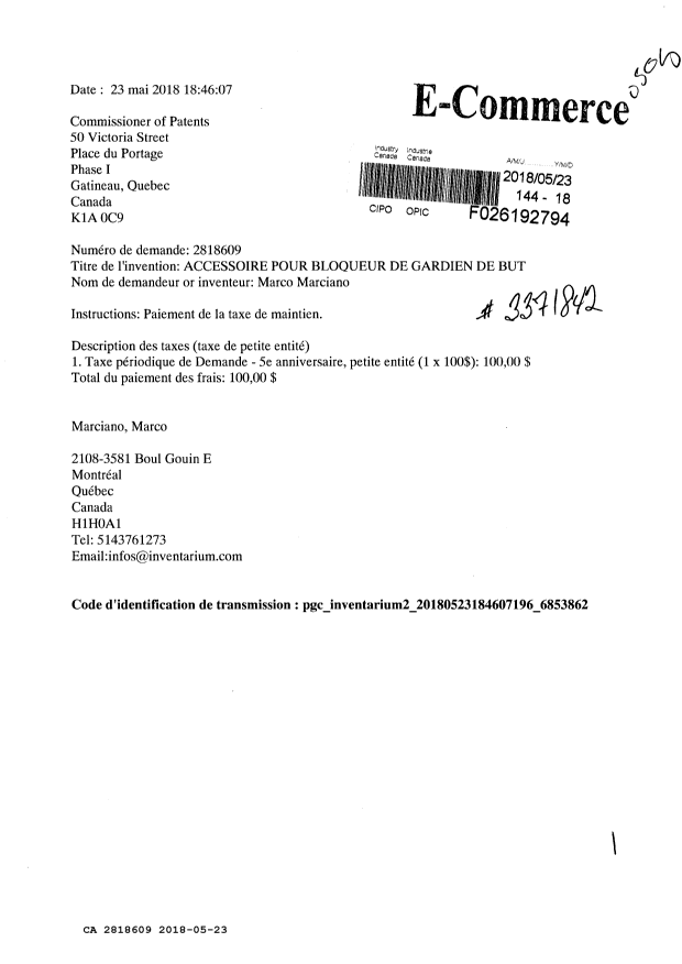 Canadian Patent Document 2818609. Maintenance Fee Payment 20180523. Image 1 of 1