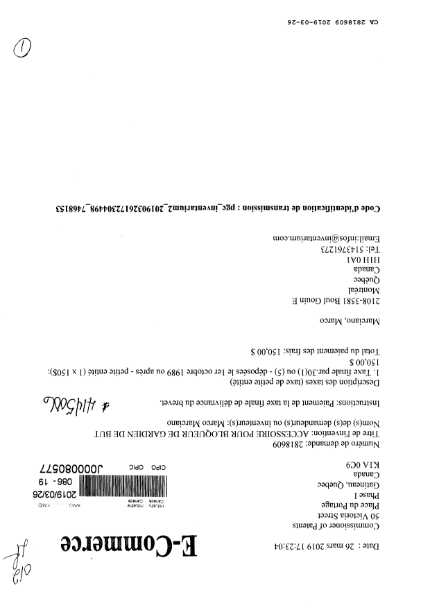 Document de brevet canadien 2818609. Correspondance 20181226. Image 1 de 1