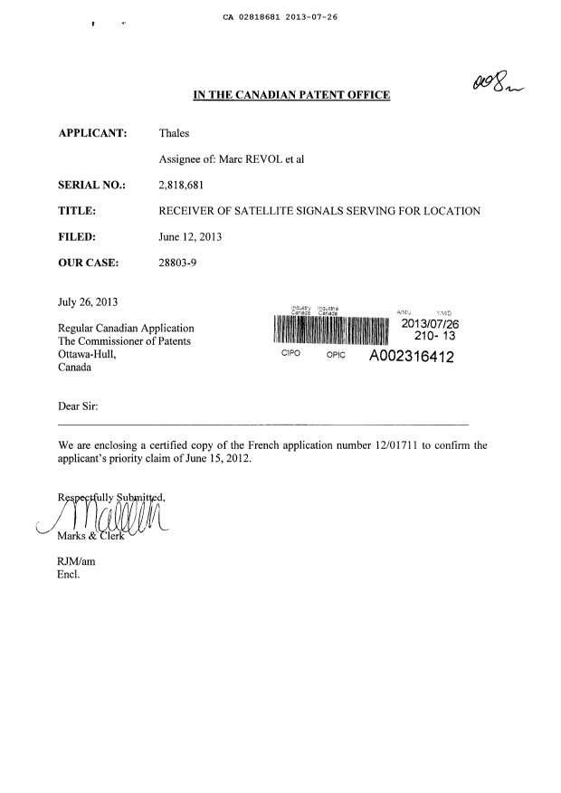 Document de brevet canadien 2818681. Poursuite-Amendment 20121226. Image 1 de 30