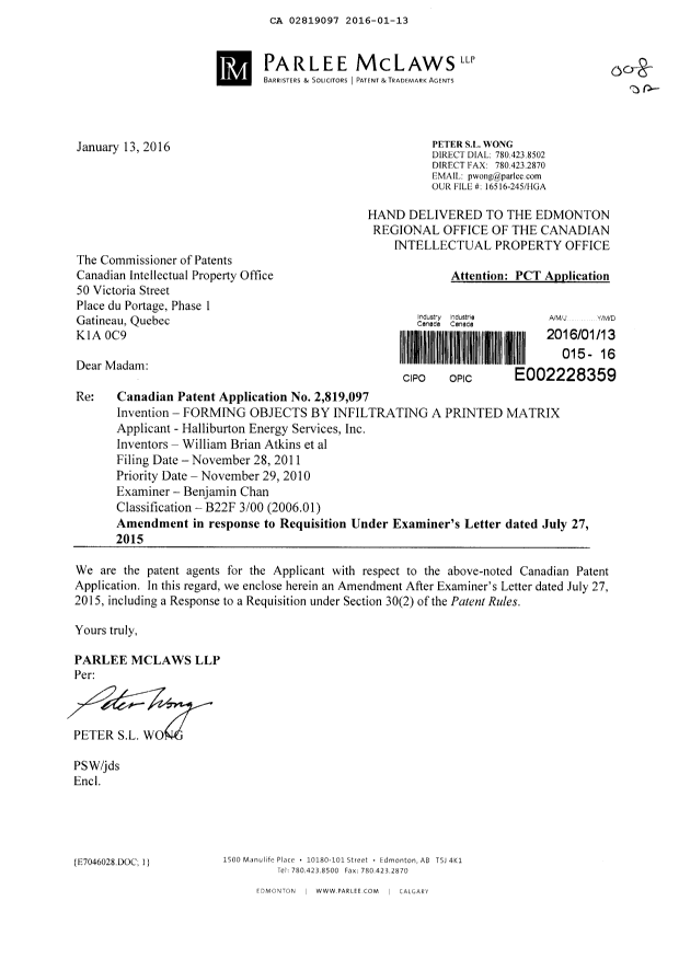 Document de brevet canadien 2819097. Poursuite-Amendment 20151213. Image 1 de 22